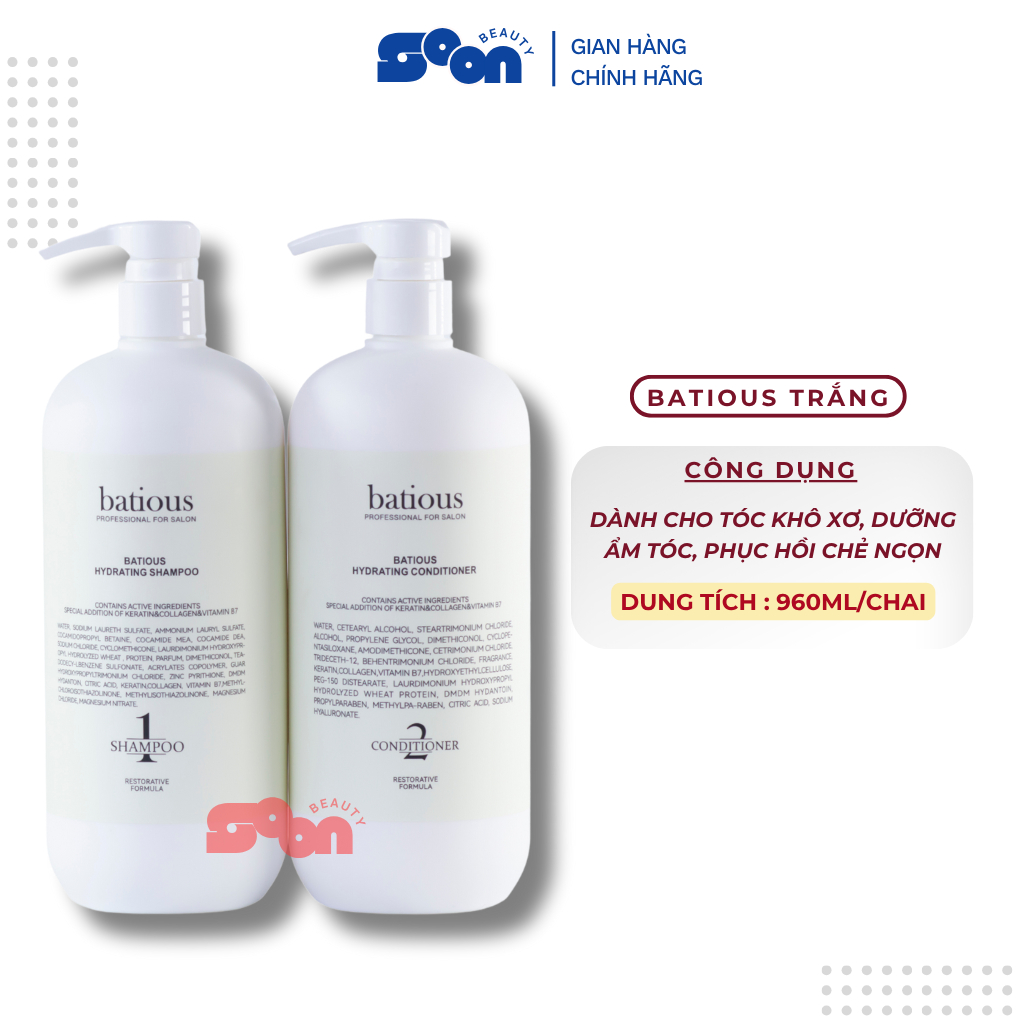 Cặp Gội Xả Batious Trắng Dành Cho Tóc Khô Xơ, Dưỡng Ẩm Tóc, Phục Hồi Chẻ Ngọn 500ml-960ml