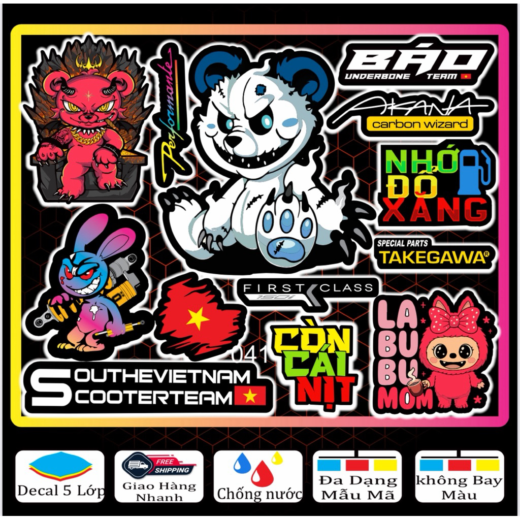 Tem dán Logo Sticker Gấu Dâu, Còn Cái Nịt, Gấu Quỷ dán xe máy xe điện nón bảo hiểm và vị trí khác [41-50]