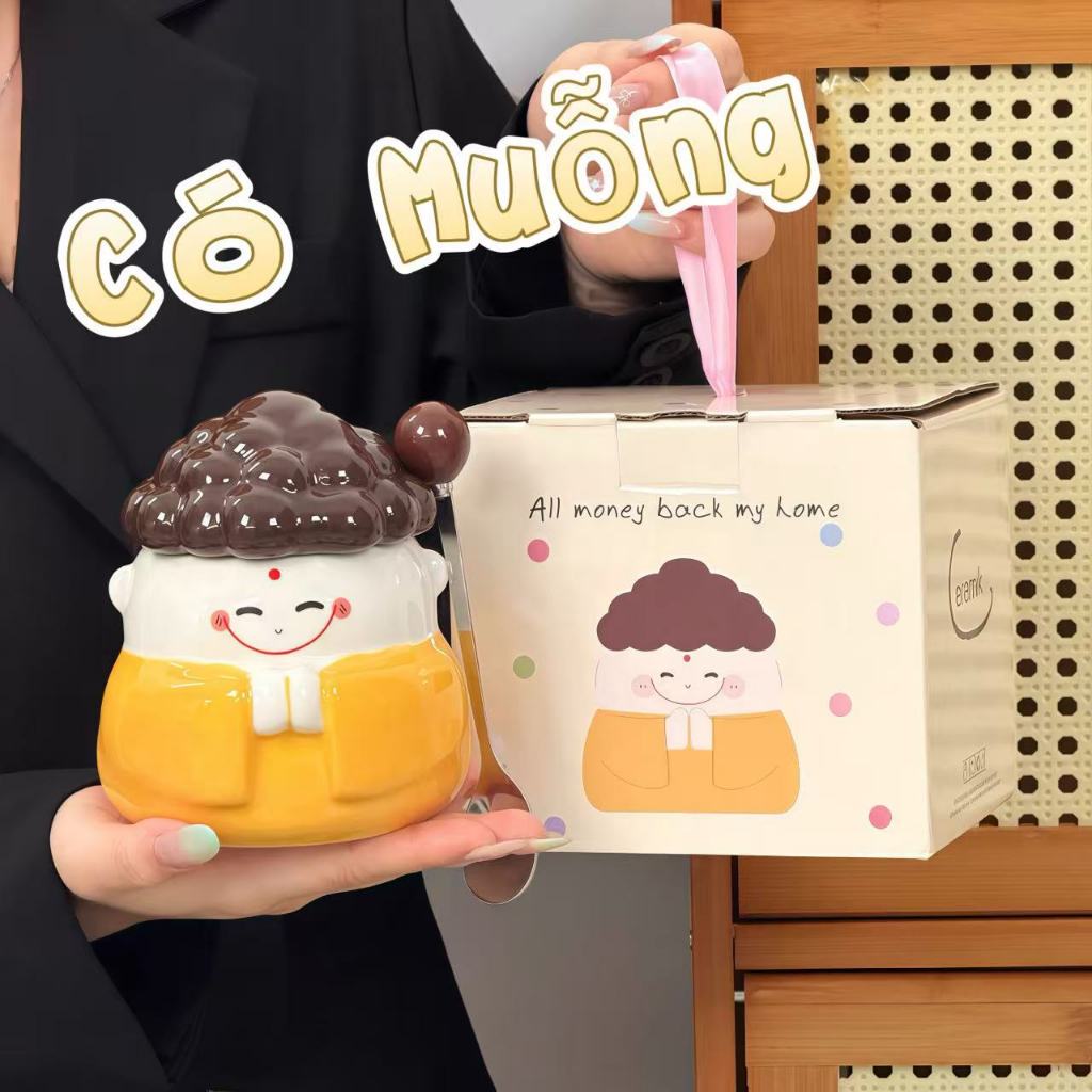 Quà tặng cốc sứ Ly sứ có nắp hình “Phật Ani”  450ml có muỗng inox có hộp quà thích hợp làm quà tặng chất lượng cao cấp