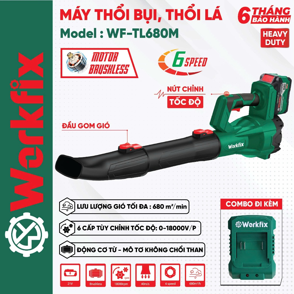 [Cải Tiến] Máy thổi lá WORKFIX WF-TL680M, 6 Cấp chỉnh tốc  - Tốc độ 18.000v/p - Chân pin phổ thông