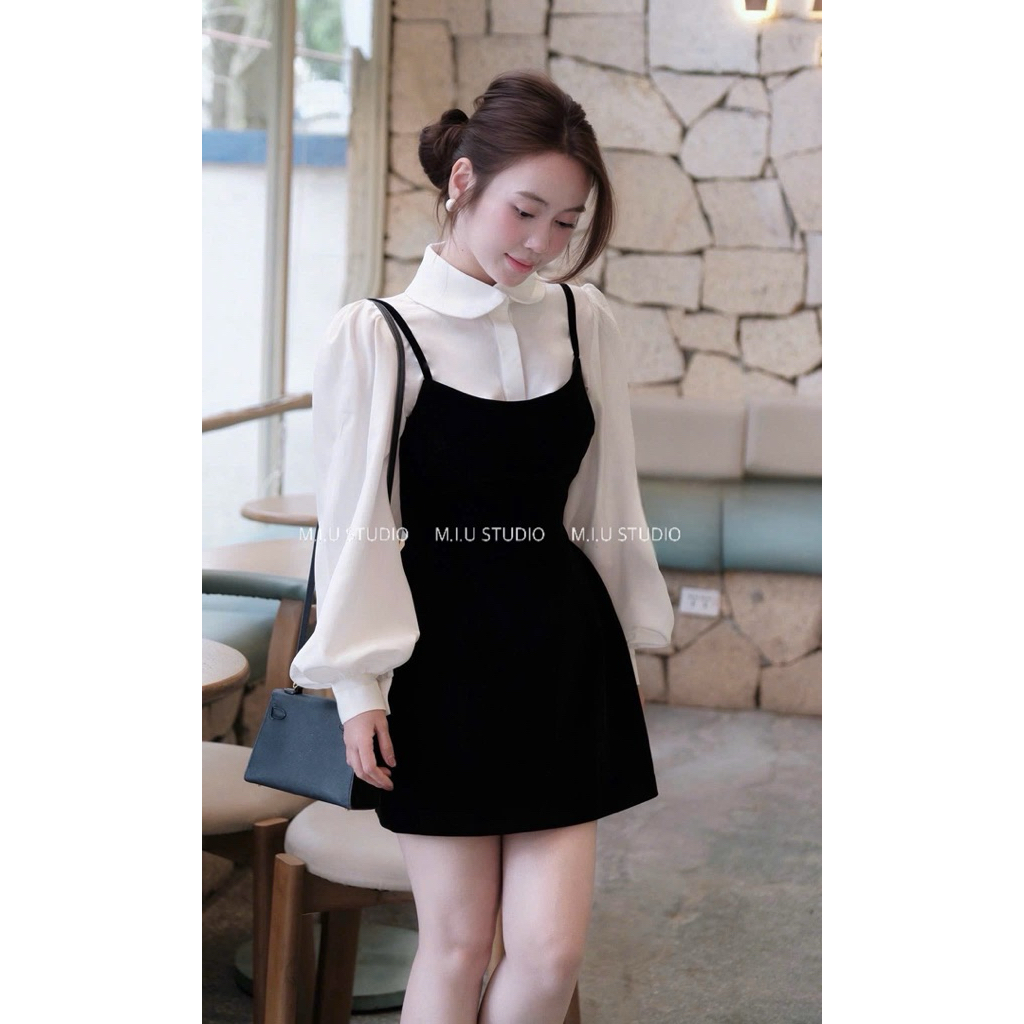 MIU.STUDIO •”Isabe Set” Set áo sơmi cổ sen tay bồng phối váy yếm 2S ngắn xoè chiết eo tôn dáng - style basic sang chảnh