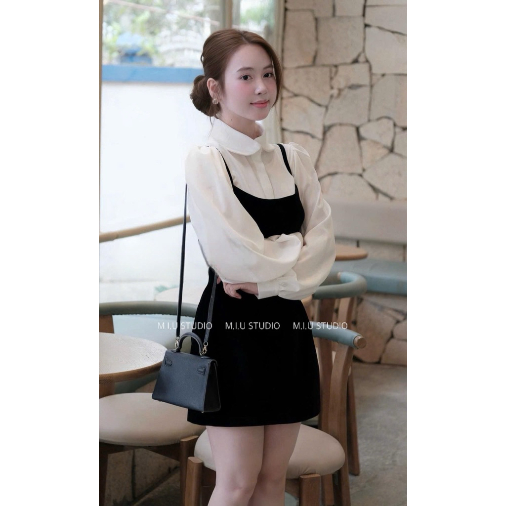 MIU.STUDIO •”Isabe Set” Set áo sơmi cổ sen tay bồng phối váy yếm 2S ngắn xoè chiết eo tôn dáng - style basic sang chảnh