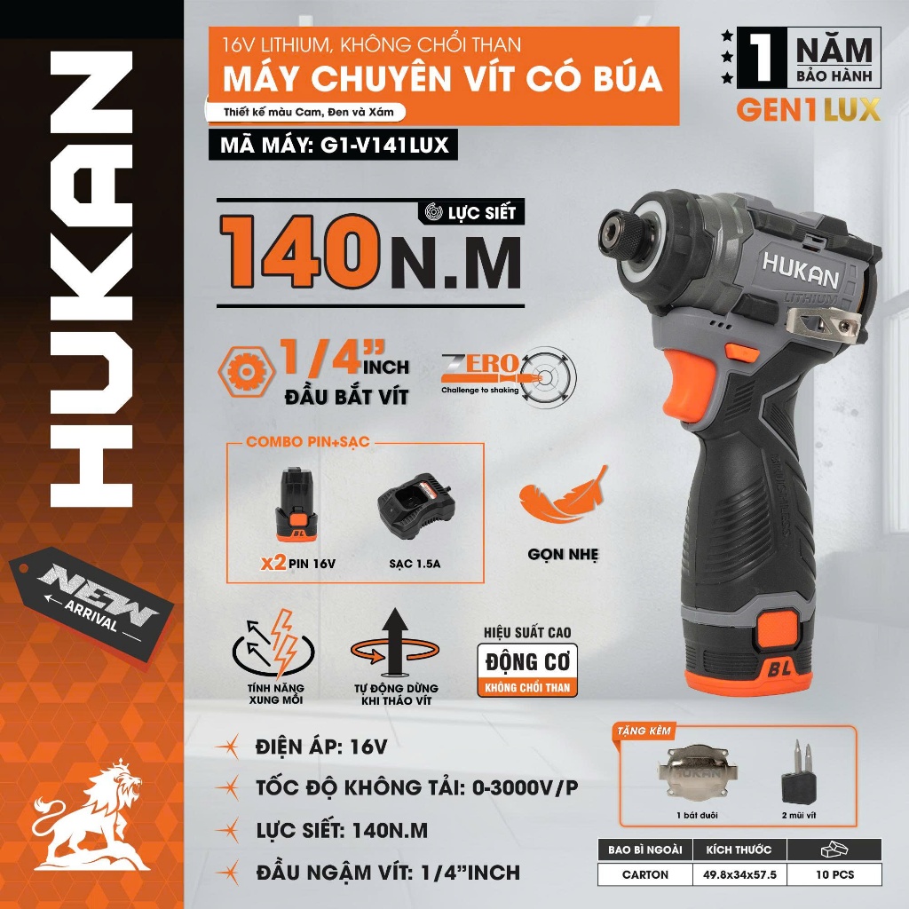 Máy Chuyên Vít HUKAN G1-V141LUX | Động Cơ Không Chổi Than 16V | Lực Siết 140N.m | Đầu 1/4 Inch