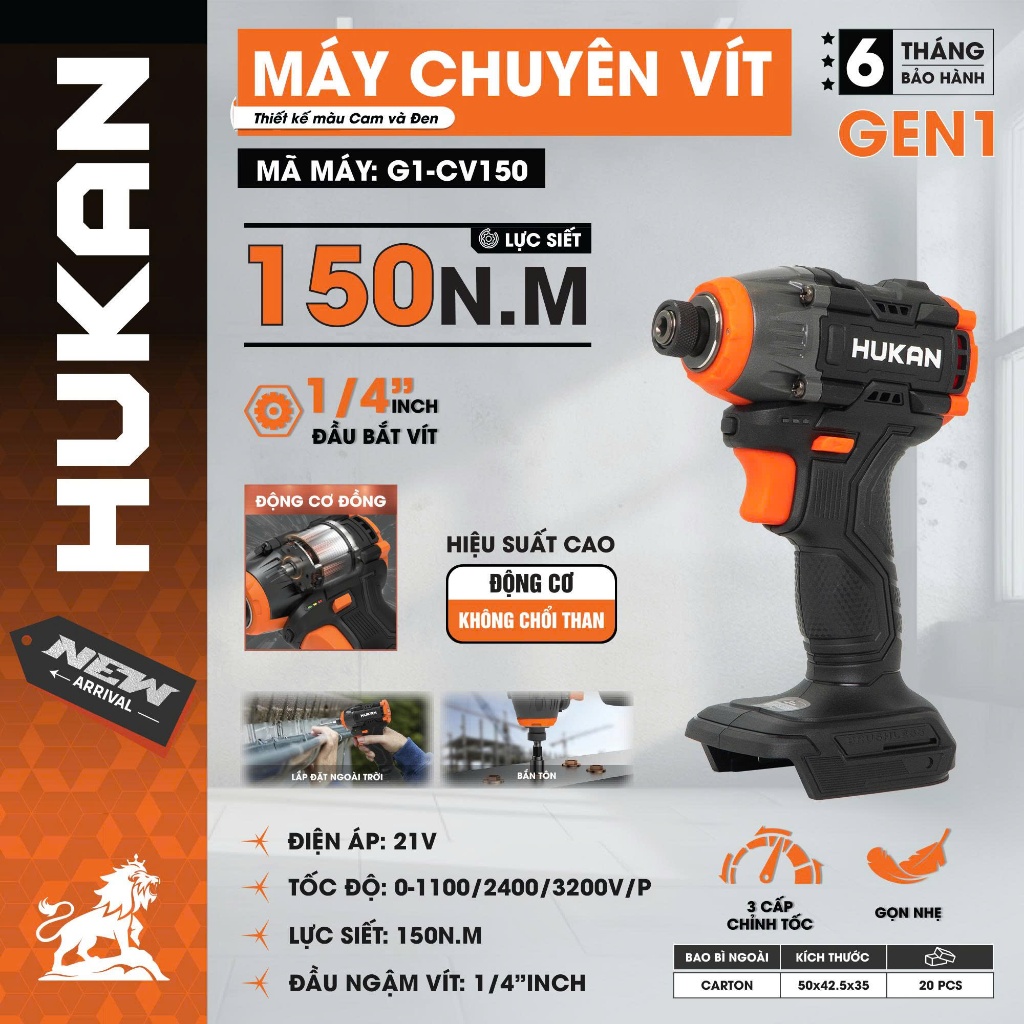 [NEW] Thân Máy Chuyên Vít HUKAN G1-CV150 | Động Cơ Không Chổi Than 21V | Lực Siết 150N.m | 3 Cấp Tốc Độ | Đầu 1/4 Inch