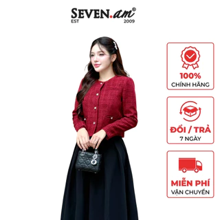 Áo khoác lửng đỏ tweed nhung phối cúc thời trang nữ Seven.AM OA0100I