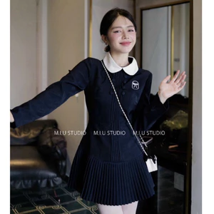 Váy thiết kế dài tay pha cổ sen đính khuy bọc cao cấp , Đầm nữ ngắn xoè phối chân dập ly đính nơ - 2 màu sang chảnh