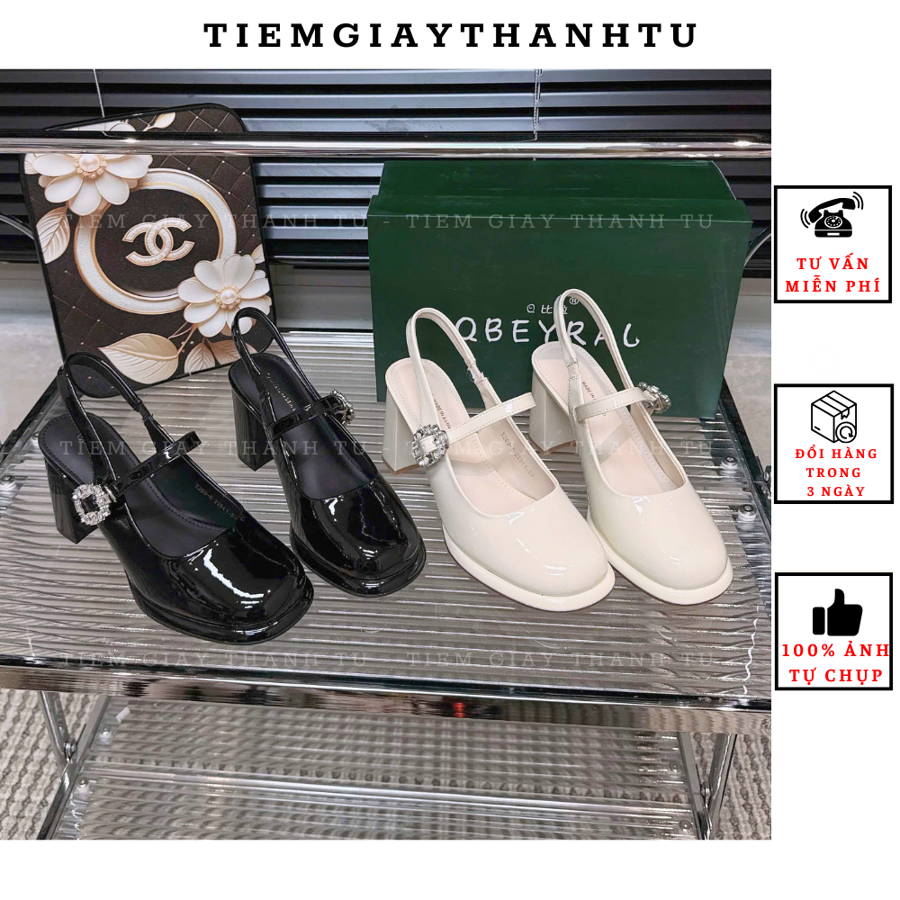 X263-6 + X299-2 Giày cao gót nữ da bóng mềm gót trụ 7p quai ngang tag đá hàng QC fullbox