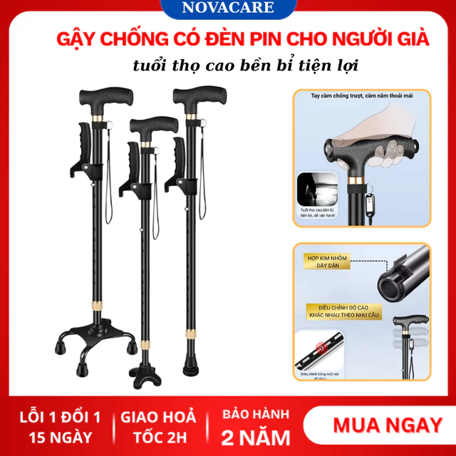 Gậy chống gấp gọn cho người già có đèn pin H023, gậy chống cho người già chống trượt an toàn tiện dụng khi ra ngoài