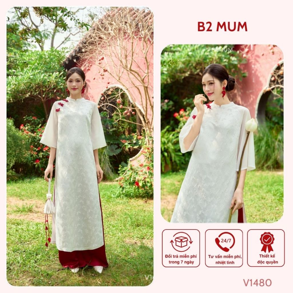 Áo dài gấm trắng in họa tiết, thiết kế cổ tàu, ngực đính khuy ngọc, mặc bầu hoặc mặc thường - V1480 B2MUM