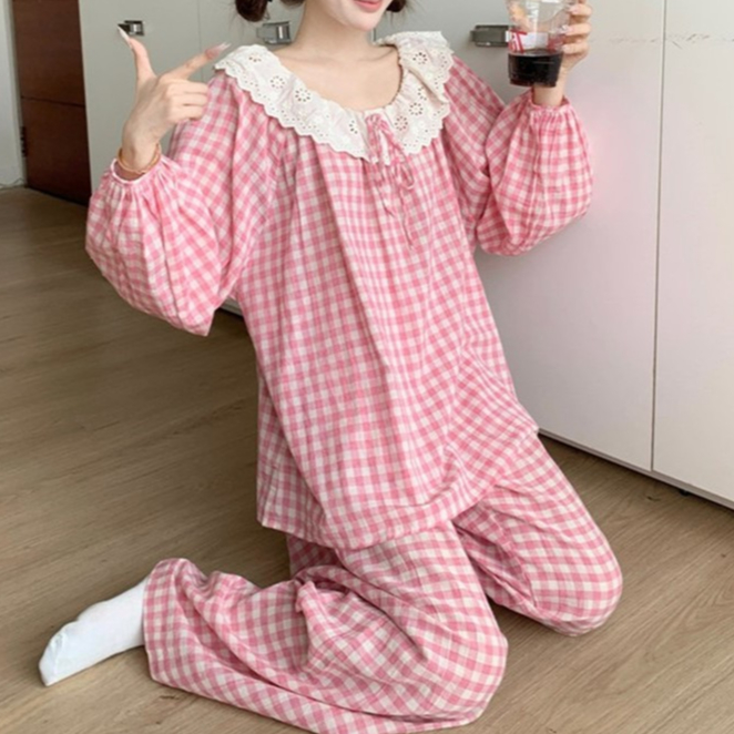 Bộ Pijama Nữ Mặc Nhà Mùa Hè Dài Tay Đũi Caro Bigsize Mặc Nhà Vải Mát Mềm Dễ Thương - PONA