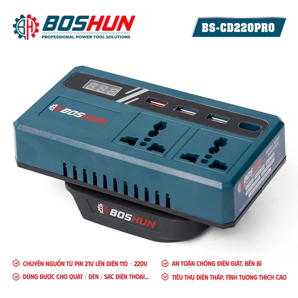 [ĐÈN LED] Bộ Chuyển Đổi Biến Tần 12-220V Boshun BS-CD220PRO, 2 Ô Cắm/ Đèn LED, Kèm Pin Sạc Nhựa ABS