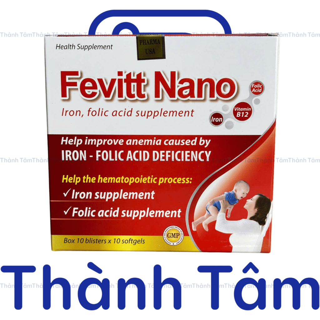 (100V, 3M) Viên uống FEVITT NANO 100V bổ sung sắt, acid folic, bổ máu, cải thiện tình trạng thiếu máu