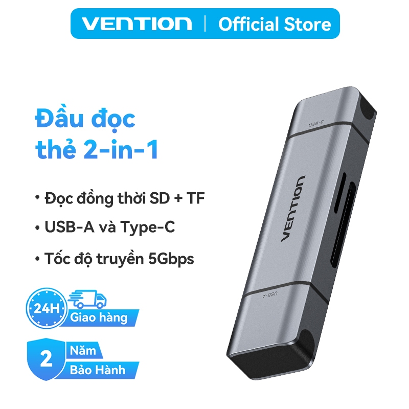 Đầu Đọc Thẻ Nhớ Kép Vention USB 3.0 Type-A & Type-C – Hỗ Trợ Thẻ SD/TF, Tốc Độ Cao, Thiết Kế Hợp Kim Nhôm Sang Trọng