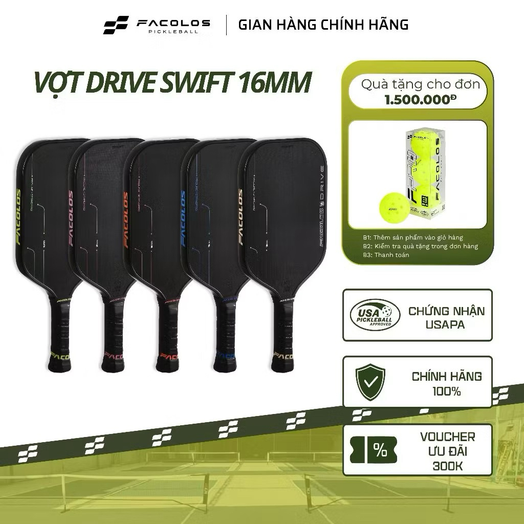 ✅ [Giao Hoả Tốc] Vợt pickleball Facolos Drive Swift Standard (16MM) mặt vợt 3 lớp Carbon tăng độ đàn hồi và trợ lựcp