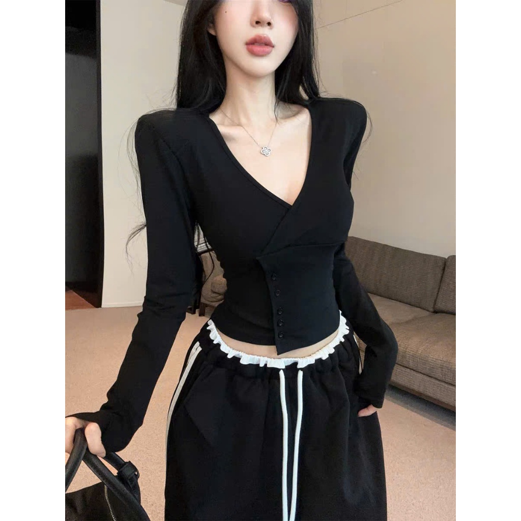 [COTTON LOẠI 1] Áo Thun Dài Tay Nữ Phối Cúc Eo Cổ Tym RANSHI Ôm Tôn Body Mặc Đi Chơi Đi Cà Phê Chất Cotton Mềm - RA348