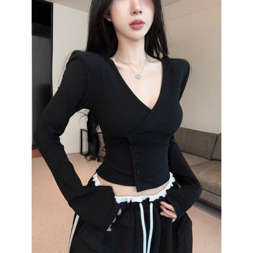 [COTTON LOẠI 1] Áo Thun Dài Tay Nữ Phối Cúc Eo Cổ Tym RANSHI Ôm Tôn Body Mặc Đi Chơi Đi Cà Phê Chất Cotton Mềm - RA348