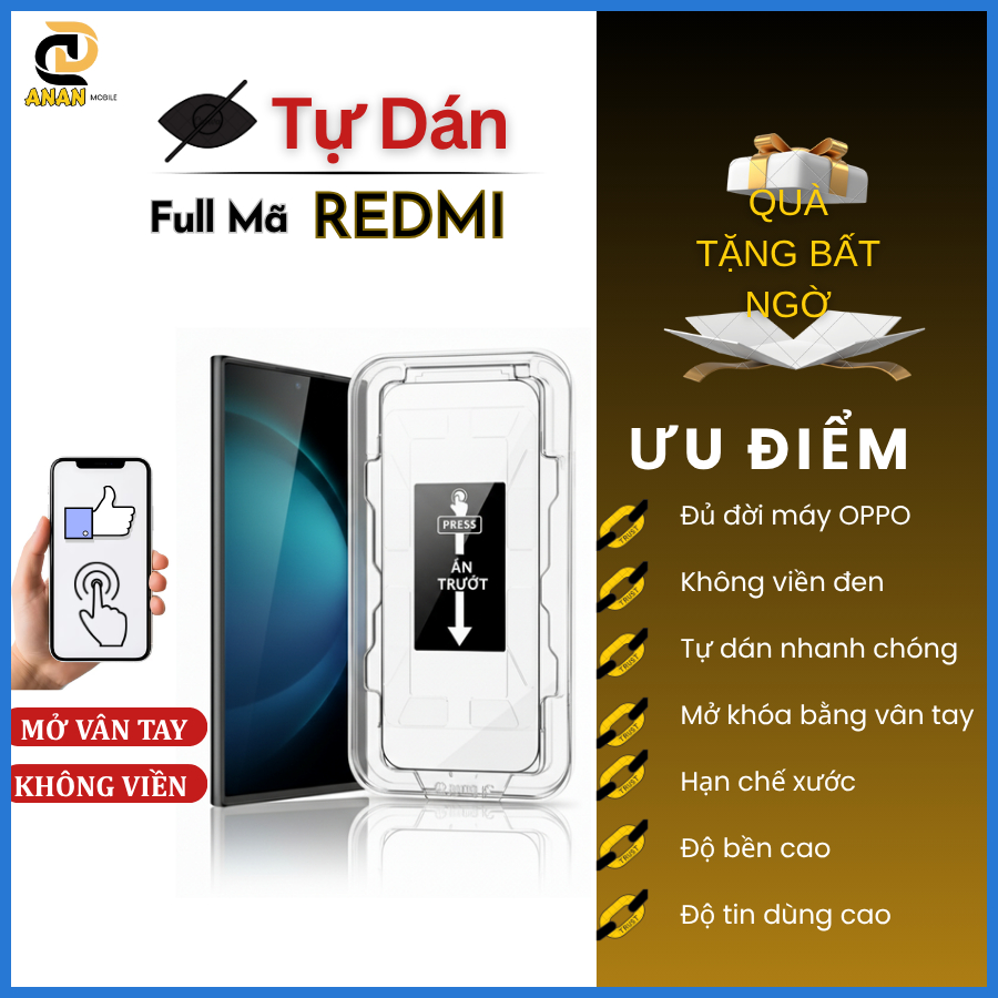 [Dùng vân tay] Cường Lực Tự Dán Chống Nhìn Trộm Redmi 15 14c 13 12 13c 13x 12c 10 Note 14 13 12 11 10 11s 10s K60 K50