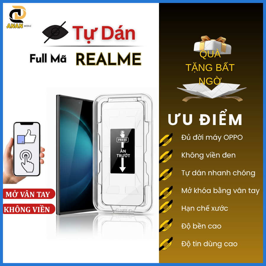 [Dùng vân tay] Cường Lực Tự Dán Chống Nhìn Trộm Realme 14 14T 15 15T 9 8 7 6 5 5i C75x C75 C71 C65 C67 C53 C55 C35 C35s