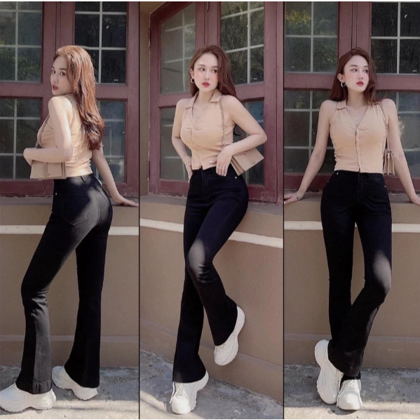 [Peinn]Quần Jean Ống Loe Cạp Cao Dáng Dài, Quần bò loe Siêu Hot Tôn dáng Chất Mềm Co Giãn bốn chiều