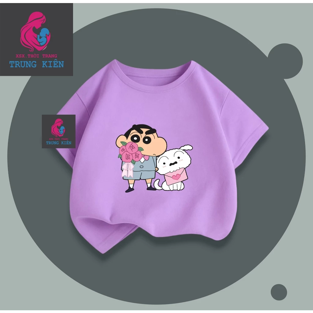 Áo Thun Cộc Tay Cho Bé, Hình Shin Cầm Hoa Và Chú Chó Trắng, Vải Thun Cotton Thoáng Mát (M 316)