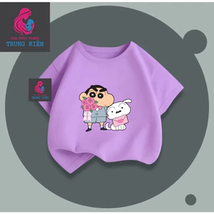 Áo Thun Cộc Tay Cho Bé, Hình Shin Cầm Hoa Và Chú Chó Trắng, Vải Thun Cotton Thoáng Mát (M 316)