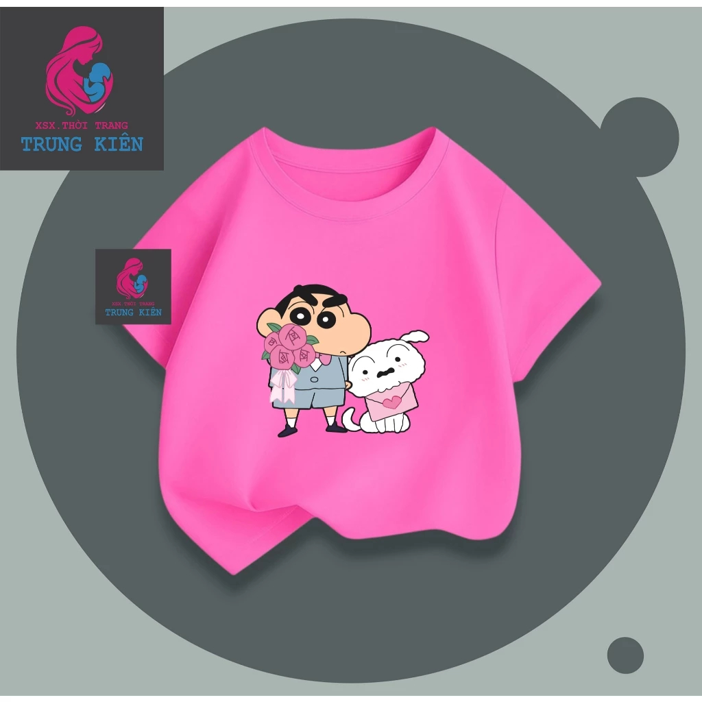 Áo Thun Cộc Tay Cho Bé, Hình Shin Cầm Hoa Và Chú Chó Trắng, Vải Thun Cotton Thoáng Mát (M 316)