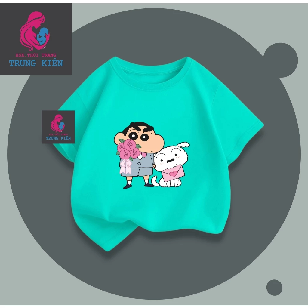 Áo Thun Cộc Tay Cho Bé, Hình Shin Cầm Hoa Và Chú Chó Trắng, Vải Thun Cotton Thoáng Mát (M 316)