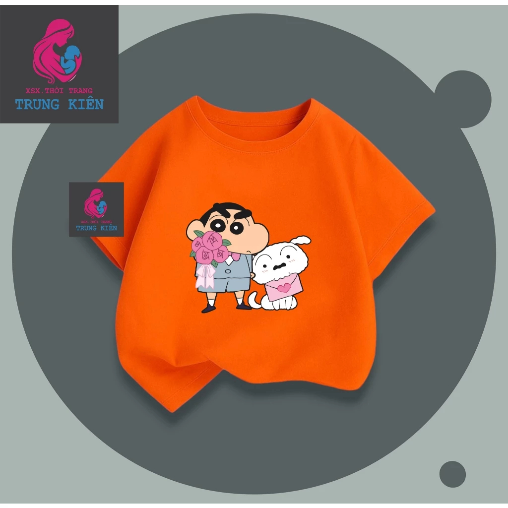 Áo Thun Cộc Tay Cho Bé, Hình Shin Cầm Hoa Và Chú Chó Trắng, Vải Thun Cotton Thoáng Mát (M 316)
