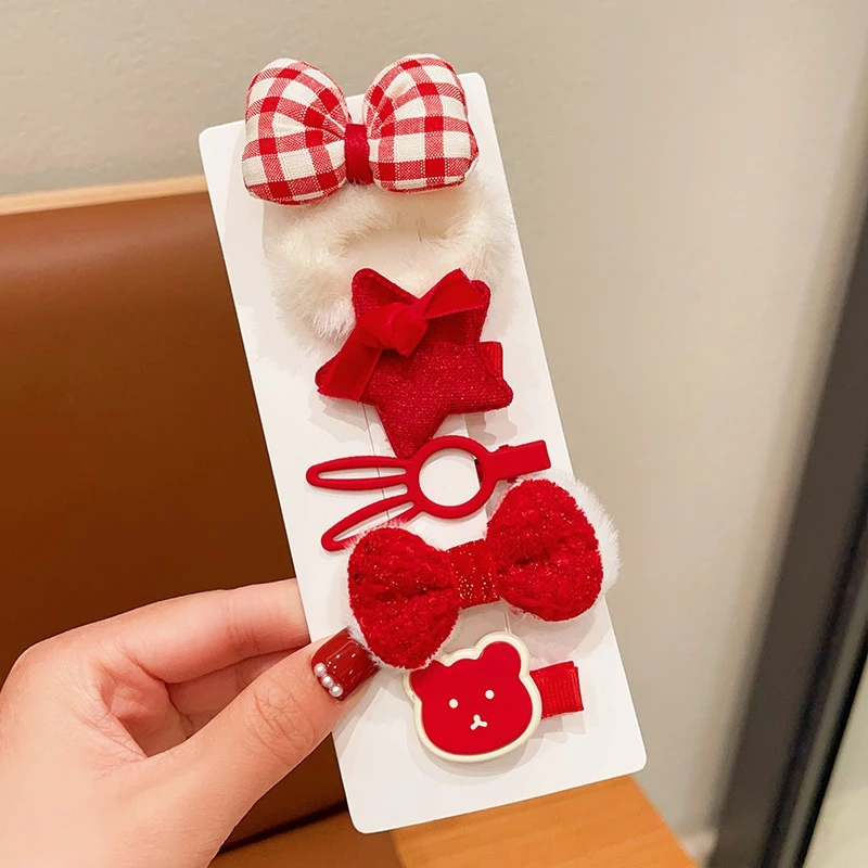 Set 5 Kẹp Tóc+ Dây Buộc Tóc Màu Đỏ Nhiều Kiểu Xinh Xắn Phù Hợp Năm Mới, Giáng Sinh Phụ Kiện Tóc