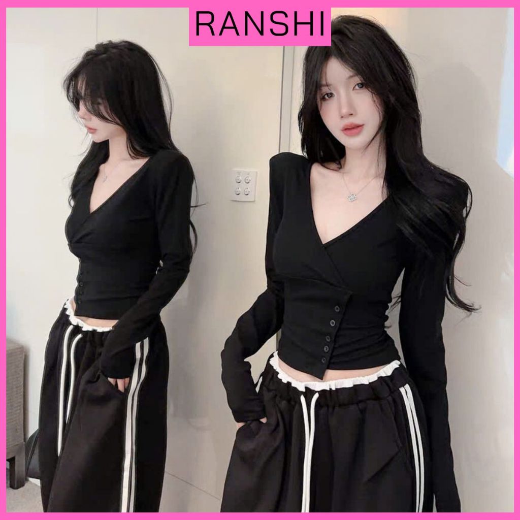 [COTTON LOẠI 1] Áo Thun Dài Tay Nữ Phối Cúc Eo Cổ Tym RANSHI Ôm Tôn Body Mặc Đi Chơi Đi Cà Phê Chất Cotton Mềm - RA348