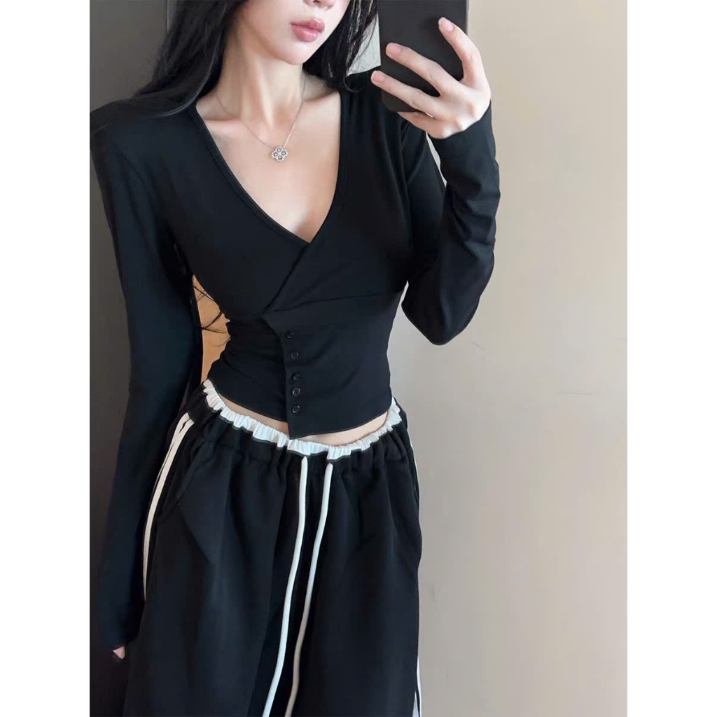 [COTTON LOẠI 1] Áo Thun Dài Tay Nữ Phối Cúc Eo Cổ Tym RANSHI Ôm Tôn Body Mặc Đi Chơi Đi Cà Phê Chất Cotton Mềm - RA348