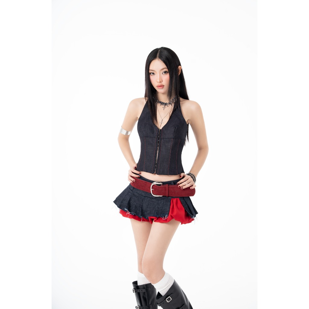Áo Jean Corset Gile Cổ Yếm Phối Móc Cài Phía Trước Regina Top ( JEAN CÓ RA MÀU ) - HOO DESIGN