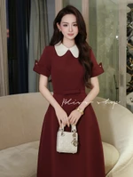 [Công Sở Cao Cấp] Đầm Váy Thiết Kế Form Dài Xòe Chiết Eo Nhẹ Tôn Dáng Cổ Lá Sen Tay Ngắn Thanh Lịch Bliss Shop - V759 — ảnh 5
