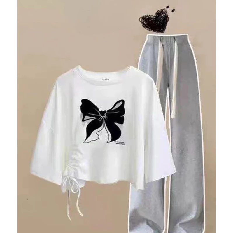 [Peinn]Sét áo croptop RÚT EO NƠ CHỮ kèm quần xuông xám siêu xinh Haiphuc TH6