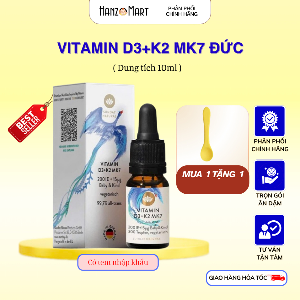 Vitamin D3 K2 Mk7 Sunday Natural Đức, vitamin cho bé 10ml - hanzomart