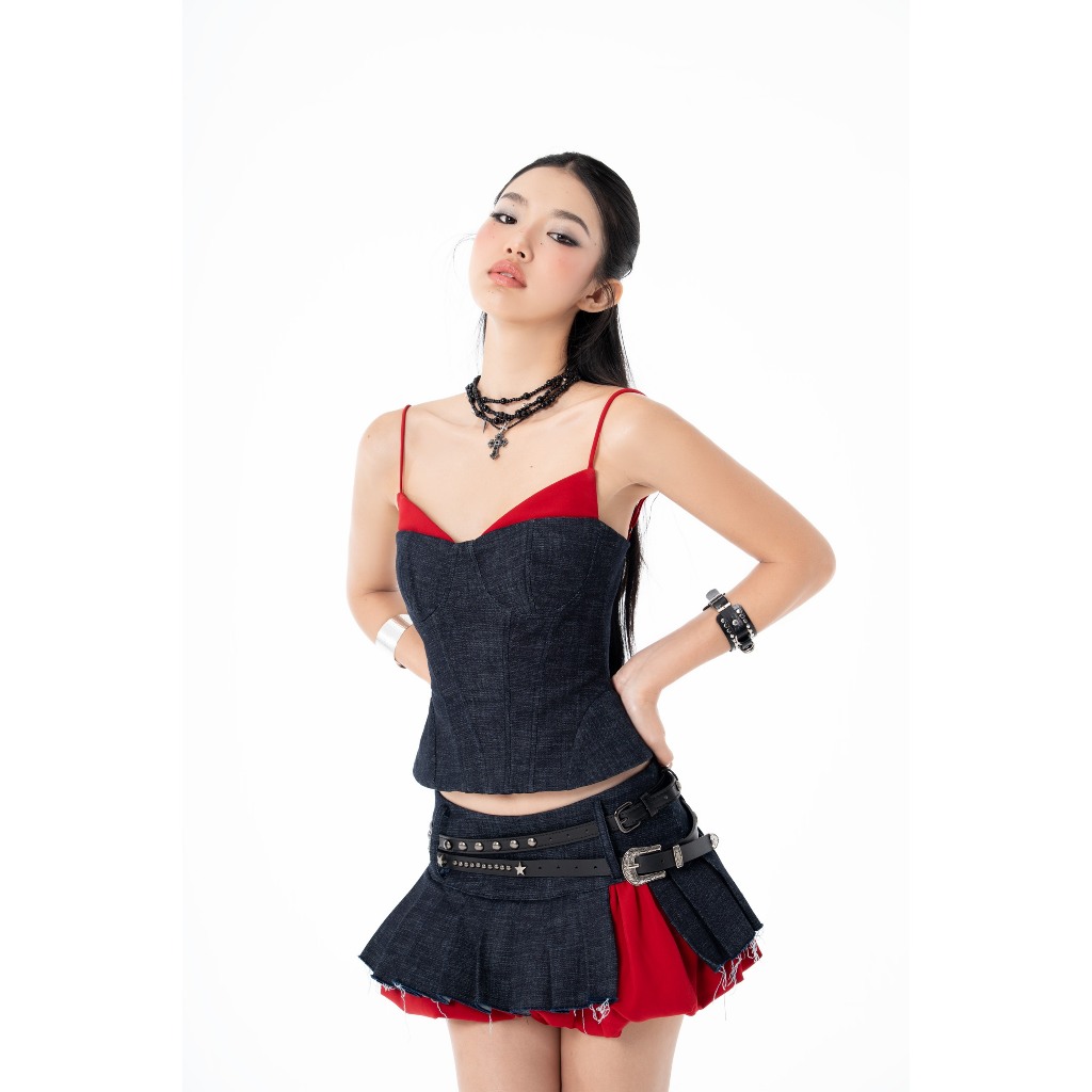 Set Áo 2 Dây Corset Cup Ngực Jean Xanh Phối Đỏ & Chân Váy Xếp Ly Jean Xanh Phối Đỏ Ronan Top & Ronan Skirt - HOO DESIGN