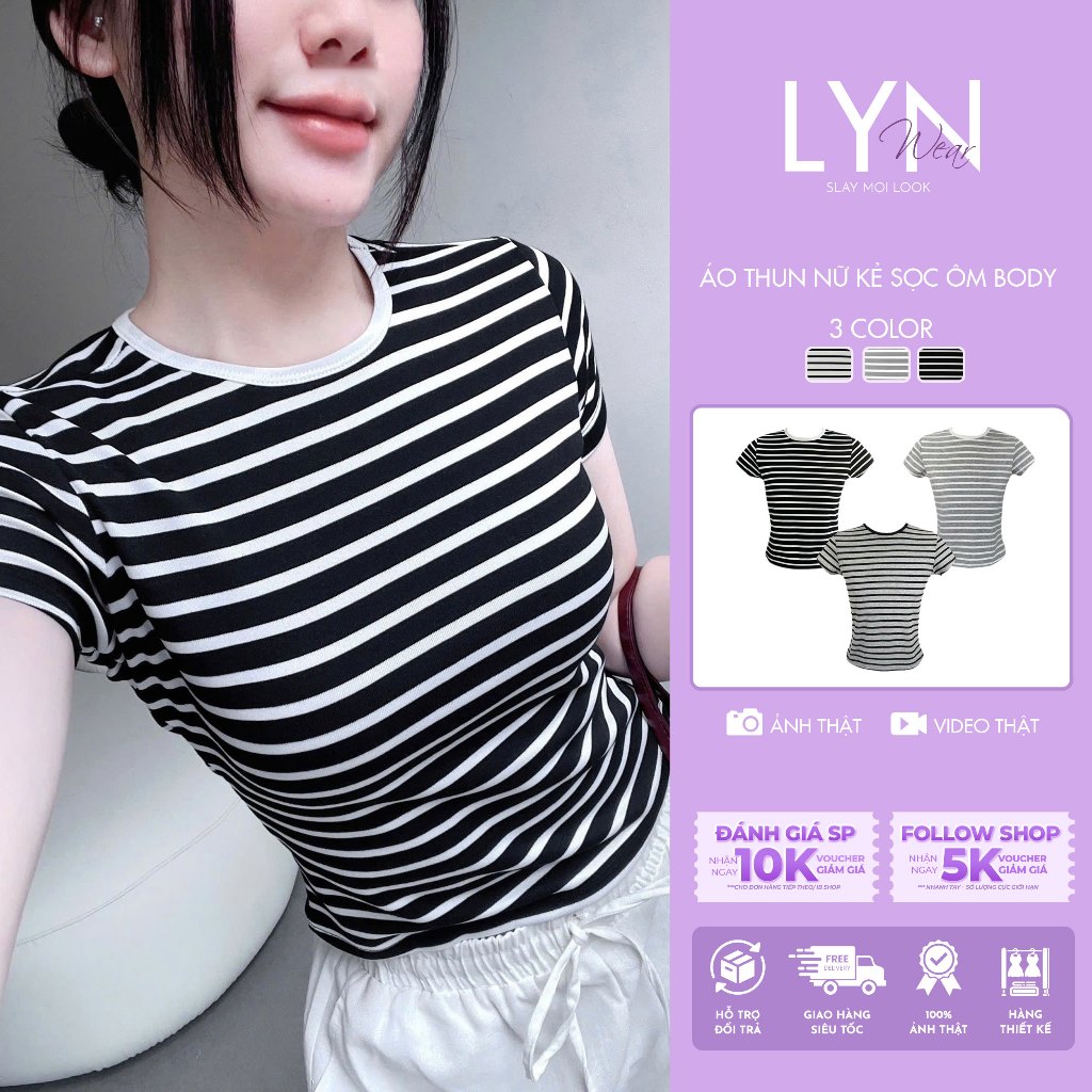 LYN WEAR | Áo Thun Nữ Kẻ Sọc Ôm Body Basic Cổ Tròn Tay Ngắn Co Giãn 4 Chiều, Thun Mềm Mịn Năng Động