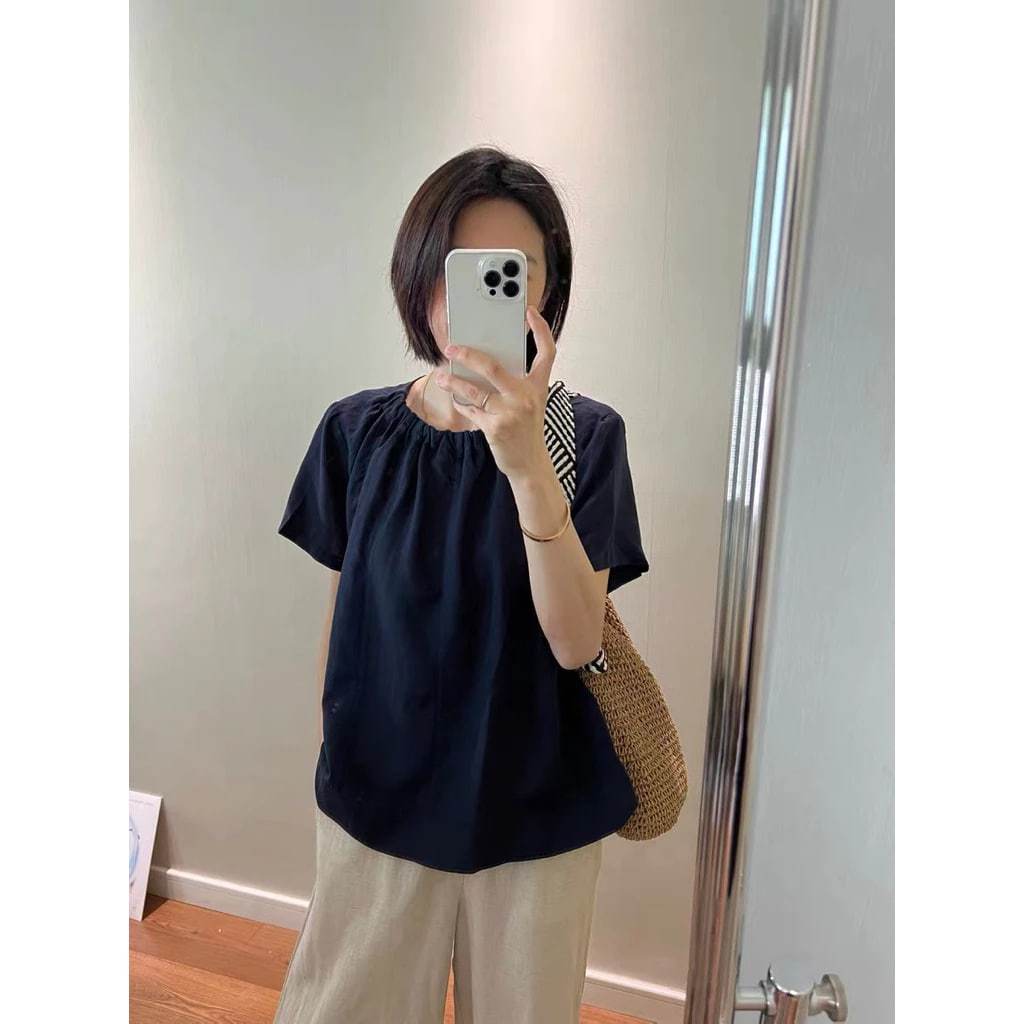 𝗠𝗮𝗱𝗶   A03 - Áo Linen cổ rút phối nút sau BEELY