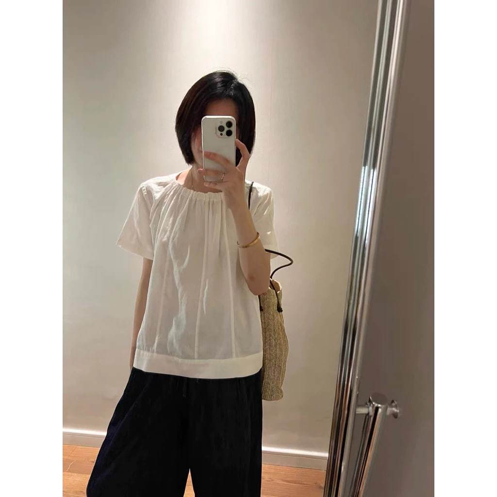𝗠𝗮𝗱𝗶   A03 - Áo Linen cổ rút phối nút sau BEELY