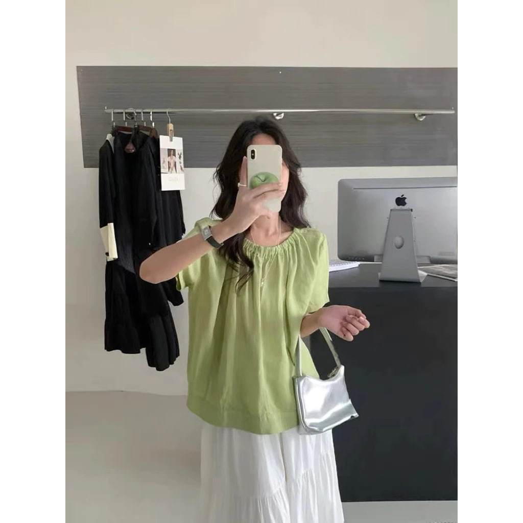 𝗠𝗮𝗱𝗶   A03 - Áo Linen cổ rút phối nút sau BEELY
