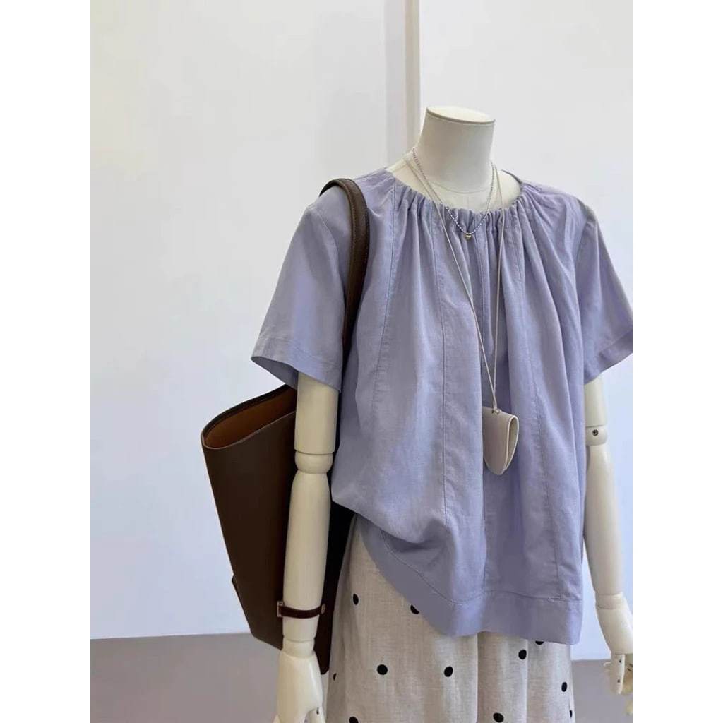 𝗠𝗮𝗱𝗶   A03 - Áo Linen cổ rút phối nút sau BEELY