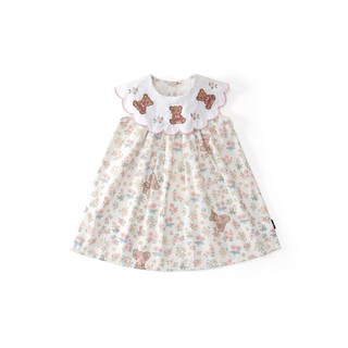 Váy Bé Gái Cổ Bèo Thêu Gấu Teddy Họa Tiết Hoa Dễ Thương, Đầm Cotton Form Xòe Mềm Mại Mùa Hè