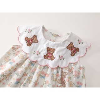 Váy Bé Gái Cổ Bèo Thêu Gấu Teddy Họa Tiết Hoa Dễ Thương, Đầm Cotton Form Xòe Mềm Mại Mùa Hè