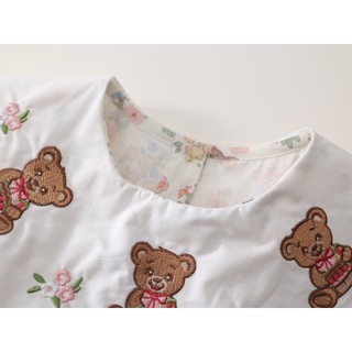 Váy Bé Gái Cổ Bèo Thêu Gấu Teddy Họa Tiết Hoa Dễ Thương, Đầm Cotton Form Xòe Mềm Mại Mùa Hè