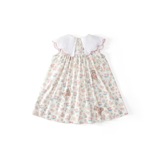 Váy Bé Gái Cổ Bèo Thêu Gấu Teddy Họa Tiết Hoa Dễ Thương, Đầm Cotton Form Xòe Mềm Mại Mùa Hè