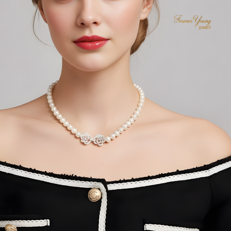 DC223 - Dây chuyền ngọc Trai nuôi thiên nhiên nước ngọt 7-8 li, chiều dài 42-48cm, Charm mạ vàng trắng. Forever Young