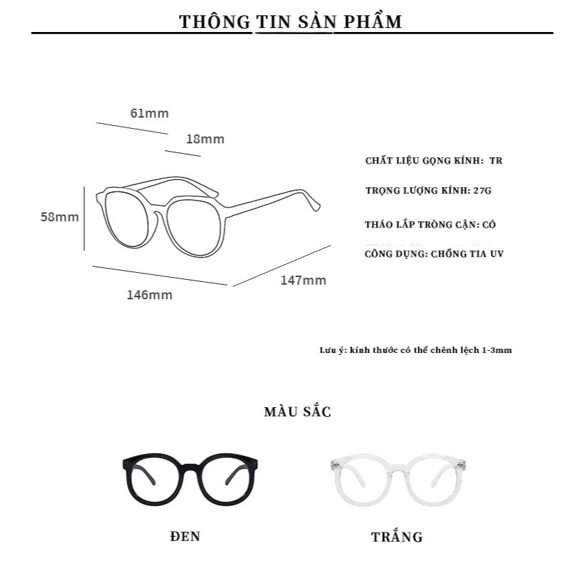 Kính Gọng Tròn Đổi Màu INNI Chống Ánh Sáng Xanh, Kính Cận Gọng Tròn Dành Cho Nam Nữ - Mã 610