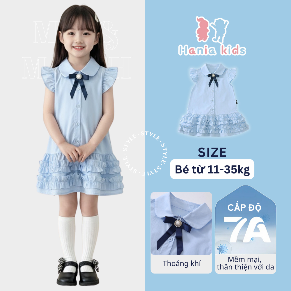 Váy Bé Gái Hania Kids Kiểu Sơ Mi Nơ Xanh Phối Bèo Tầng Dễ Thương Chất Liệu Cotton Mềm Mại