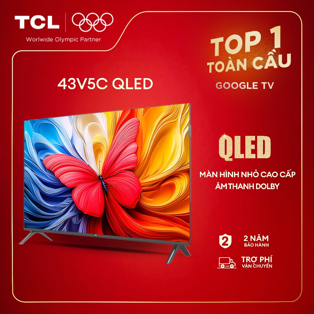 【QLED】43inch Smart Google TV TCL 43V5C, Tấm nền HVA,Tần số quét 60Hz, Dolby Atmos