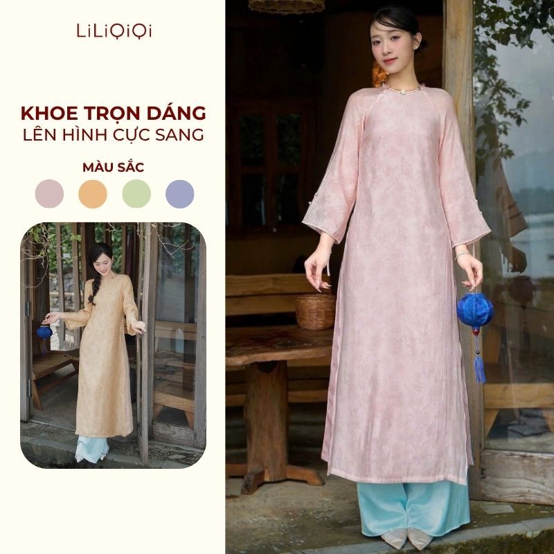 [Sẵn] Áo Dài Truyền Thống Nữ Dáng Suông Tơ Cổ Tròn Kèm Quần Vỹ Bình LiLiQiQi By LeeGi - AD839